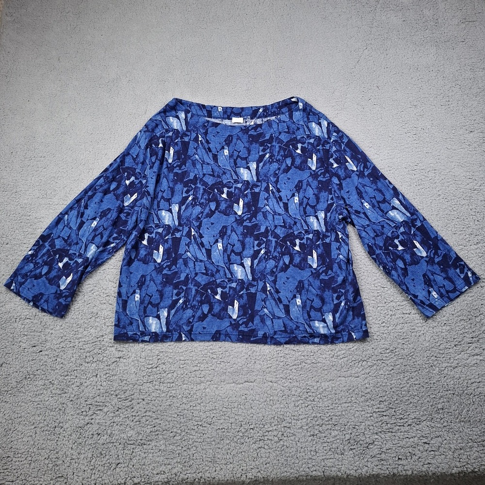 Poetry Linen Top Womens 14 Blue 100% Linen Boat Neck 3/4 Sleeve Abstract Boxy